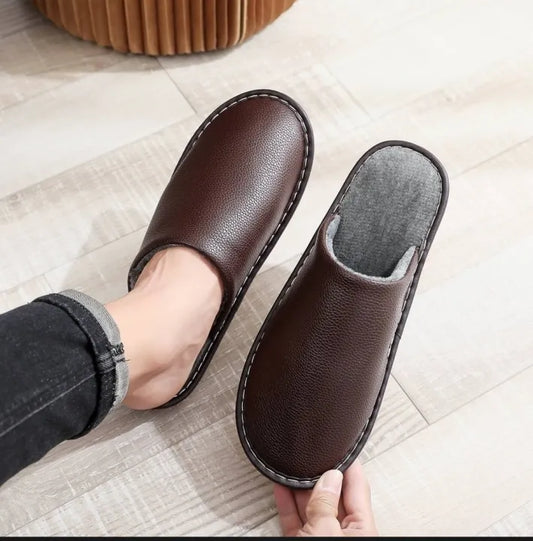 Men's Black Leather Indoor Slippers Autumn and Winter Household Home Indoor Thick Bottom Non-slip Waterproof Warm Home Slippers