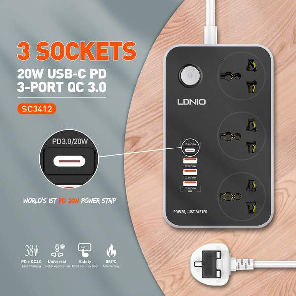 Ldnio SC3412 2500w Fast Charging Power Extension With 20W USB C PD Port & 3 QC 3.0 Ports EU Plug