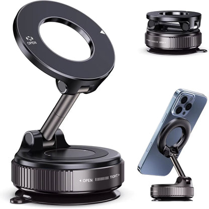 360° Vacuum Magnetic Car Holder – Ultra-Strong Grip with Extra Magnet & Adhesive Base