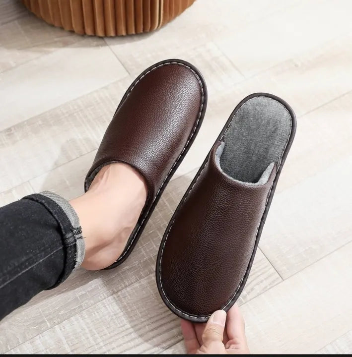 Men's Black Leather Indoor Slippers Autumn and Winter Household Home Indoor Thick Bottom Non-slip Waterproof Warm Home Slippers