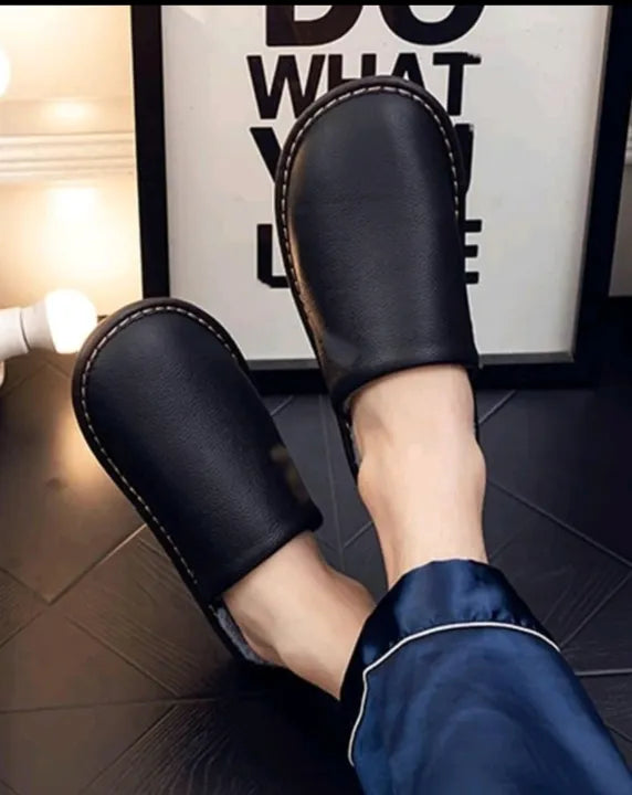 Men's Black Leather Indoor Slippers Autumn and Winter Household Home Indoor Thick Bottom Non-slip Waterproof Warm Home Slippers