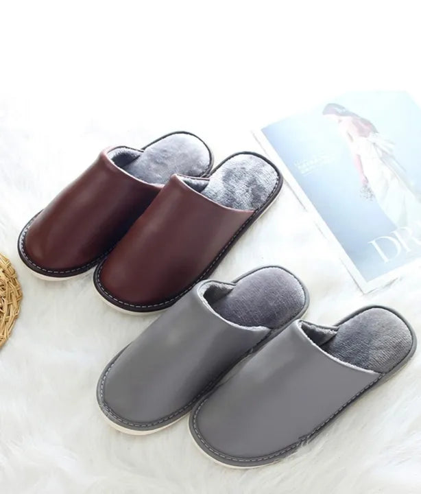 Men's Black Leather Indoor Slippers Autumn and Winter Household Home Indoor Thick Bottom Non-slip Waterproof Warm Home Slippers