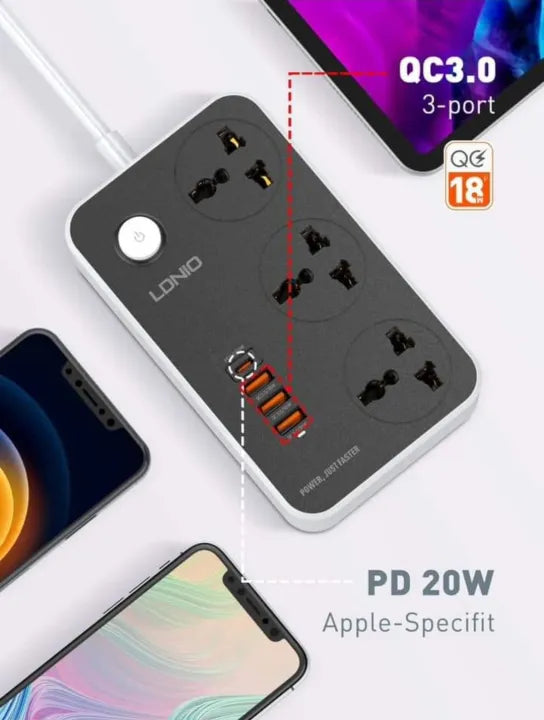 Ldnio SC3412 2500w Fast Charging Power Extension With 20W USB C PD Port & 3 QC 3.0 Ports EU Plug