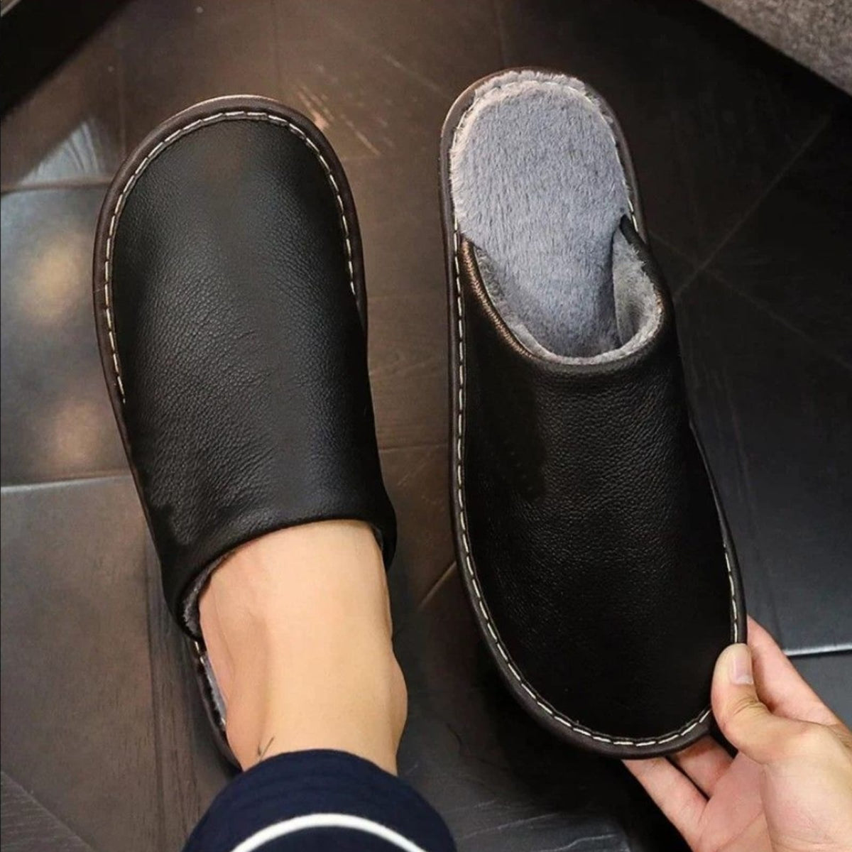 Premium Leather Indoor Slippers For Men And Women With Thick Bottom Non-slip Waterproof Warm Home Slippers By KakuBaku