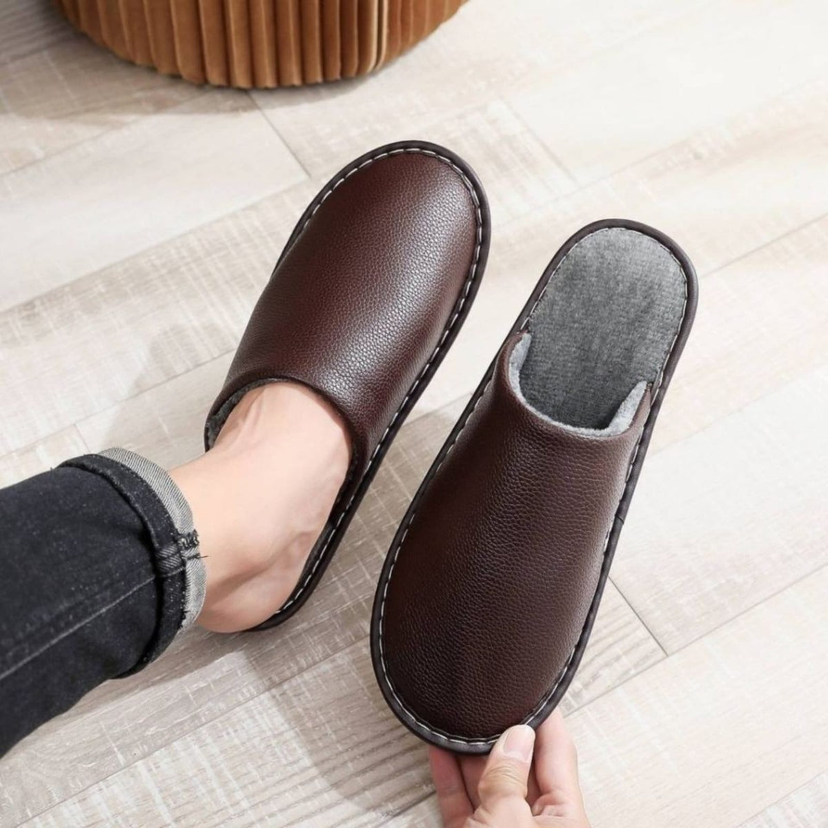 Premium Leather Indoor Slippers For Men And Women With Thick Bottom Non-slip Waterproof Warm Home Slippers By KakuBaku