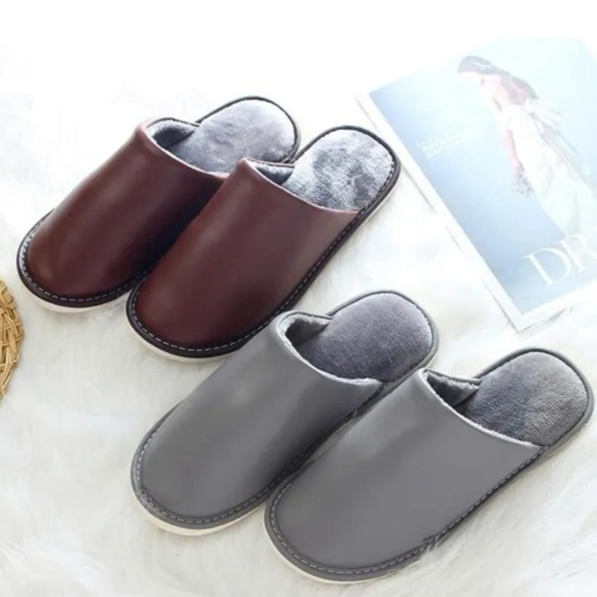 Premium Leather Indoor Slippers For Men And Women With Thick Bottom Non-slip Waterproof Warm Home Slippers By KakuBaku