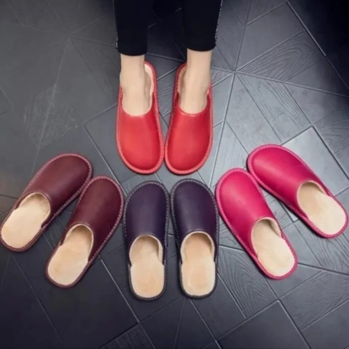 Premium Leather Indoor Slippers For Men And Women With Thick Bottom Non-slip Waterproof Warm Home Slippers By KakuBaku