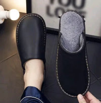 Men's Black Leather Indoor Slippers Autumn and Winter Household Home Indoor Thick Bottom Non-slip Waterproof Warm Home Slippers