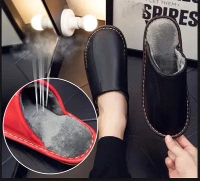 Men's Black Leather Indoor Slippers Autumn and Winter Household Home Indoor Thick Bottom Non-slip Waterproof Warm Home Slippers